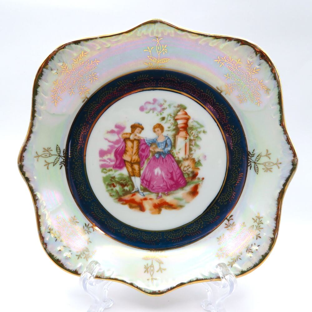 Vintage Fragonard Style Porcelain Luster Basket Dish Gold Handle Made in Japan